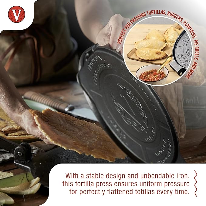 Victoria 10-Inch Cast Iron Tortilla Press HD Spherrous, Commercial-Grade Cast Iron Tortilla Maker, Roti Press, Pataconera Seasoned with Flaxseed Oil, Made in Colombia, Black
