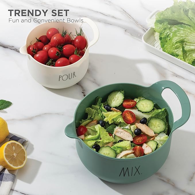 Rae Dunn Non-Slip Mixing Bowls - 4 Piece Nesting Plastic Mixing Bowl Set with Pour Spouts and Handles-Measurement Markings (Sage)