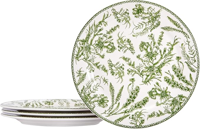 Bico Green Garden Toile De Jouy Dinner Plates Set of 4, 11 Inch Large Ceramic Plates for Pasta, Steak, Stylish Serving Dishes, Microwave and Dishwasher Safe, Gift for Housewarming and Thanksgiving