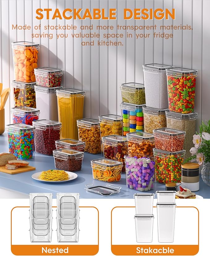 KEMETHY 36 PCS Airtight Food Storage Containers with Lids, Kitchen Pantry Organization and Storage, BPA-Free Plastic Scale Food Canisters for Cereal, Flour, Sugar, Dry Food, Include Labels & Marker