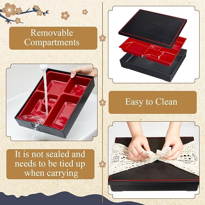 Teenyyou 2 Pcs 12 x 9.5 x 2.2 Inch Japanese Bento Box 5 Compartments Divided Lunch Box with Greaseproof Adult Japanese Bento Lunch Container Sushi Home Restaurant