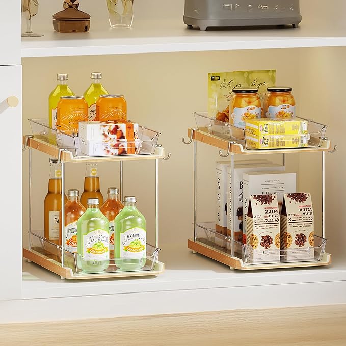 Delamu 2 Tier Bathroom Under Sink Organizers and Storage with Hook, Multi-Purpose Cabinet Drawers with Movable Dividers, Pull Out Organization for Countertop, Kitchen and Pantry(Wood Grain, 4 Pack)