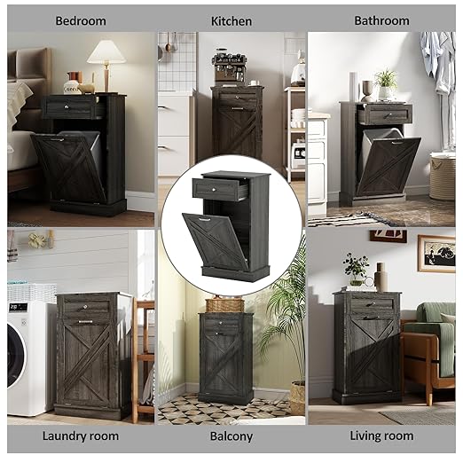 Tilt Out Trash Cabinet-Free Standing Kitchen Waste Bin-Wooden Recycling Trash Cabinet with Drawer-Oak Grey