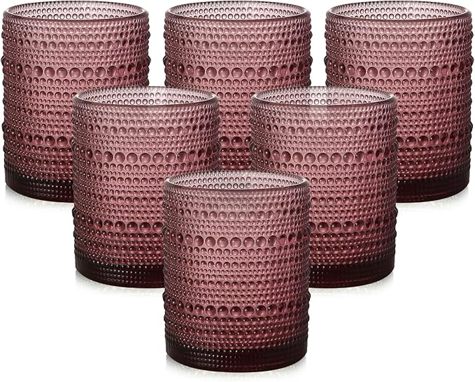 ZMOWIPDL Vintage Glassware Drinking Glasses Set of 6,12 oz Hobnail Glass Cups,Embossed Purple Water Tumbler,for Beer,Cocktail,Whiskey,Juice and Various Mixed Drinks- 1 Cleaning Brush