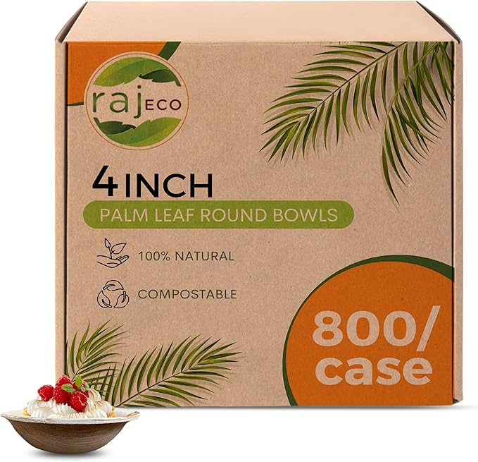 Raj Palm Leaf Bulk Bowls [100-Pack] 4" Round Bowls (8 CASES - 800 PACK) like Bamboo bowls Disposable, Strong, Decorative Compostable Tableware for weddings, Camping, Outdoor