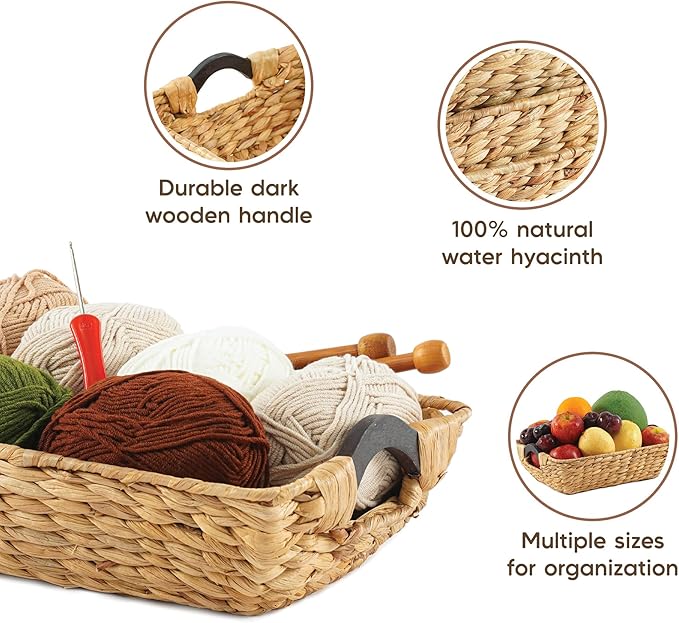 Greenatural Water Hyacinth Storage Baskets Set of 3, Handwoven Rectangular Organizer with Wooden Handles, 3 Different Sizes, Nested Wicker Baskets for Shelf, Bathroom, Kitchen, Office, Natural Decor