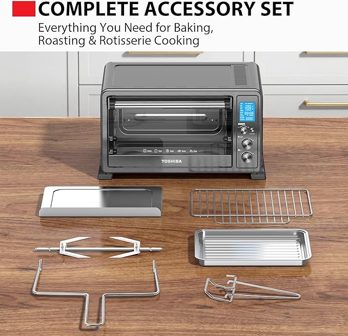 TOSHIBA 10-in-1 Convection Toaster Oven, 6-Slice Countertop Oven, 1500W with Toast, Bake, Broil, Rotisserie & Pizza Functions, LCD Knob Controls, 6 Accessories, Black Stainless Steel