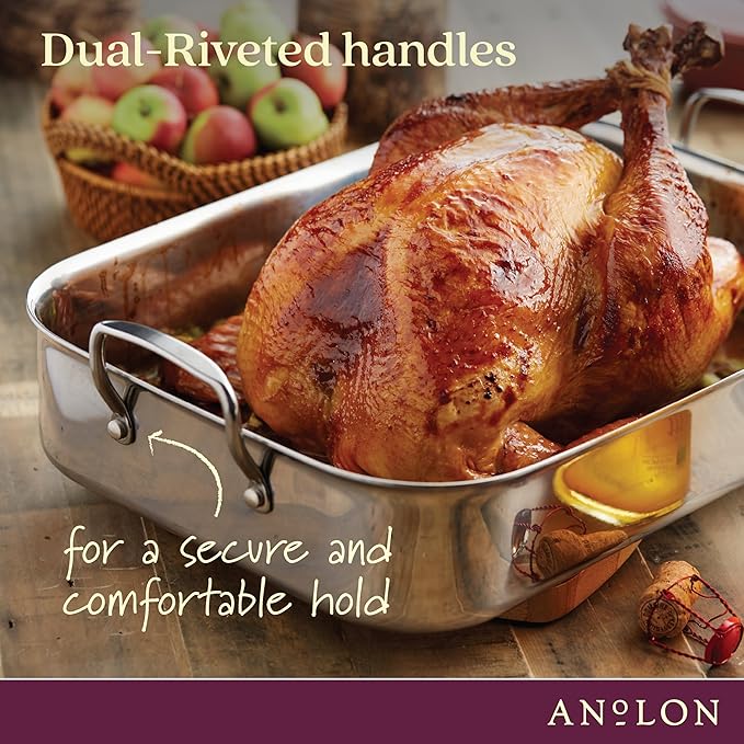 Anolon Triply Clad Stainless Steel Roaster / Roasting Pan with Rack - 17 Inch x 12.5 Inch, Silver