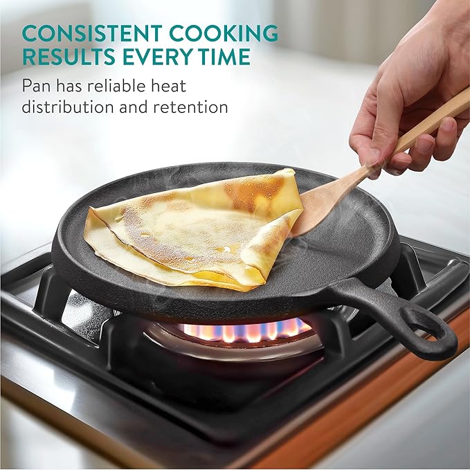 Navaris Cast Iron Griddle - 10"(25cm) Pre-Seasoned Crepe Pan with Ergonomic Handle, Comal for Tortillas - Pancakes, Tawa Roti - Oven, Stovetop, Grill, Induction & Campfire Skillet