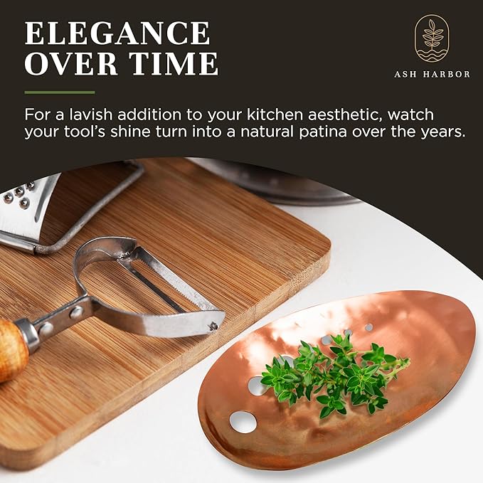 Handmade Copper Herb Stem Stripper Bowl – Herb Stripper Tool with 7 Hole Sizes – Shred & Catch Herbs & Greens - 5.5 x 3.5 In. Fun and Unique Kitchen Gadgets – Homesteading Essentials by Ash Harbor