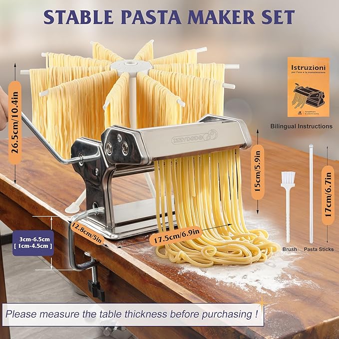 Pasta Maker Machine Set with Pasta Drying Rack Noodle Maker Machine 9 Adjustable Thickness Settings, Gifts for Her 2-in-1 Rollers & Cutter for Spaghetti, Fettuccine, Lasagna & More