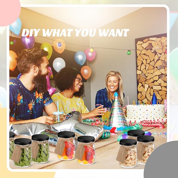 Nitial 50 Pack 5 oz Plastic Jars with Lids Bulk Yogurt Containers with Lids Gift Jars with DIY Craft Twine and Labels Gifts for Birthday Wedding Halloween Christmas Party Favor(Black,Aluminum Lid)