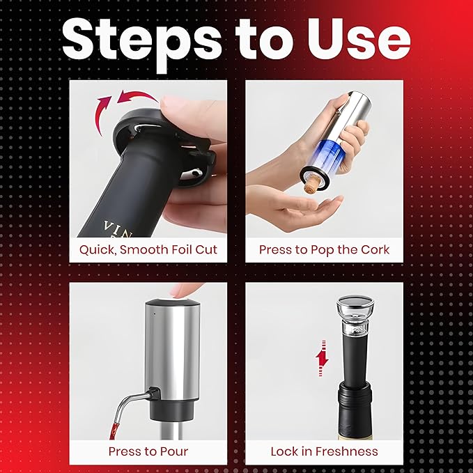 4-in-1 Rechargeable Electric Wine Opener Set with Aerator, Vacuum Stopper & Foil Cutter – Stainless Steel Portable Wine Bottle Opener Kit for Home Bar & Gifting