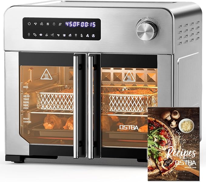 OSTBA French Door Air Fryer Toaster Oven Combo, 24 QT Extra Large Capacity 10-in-1 Airfryer Oven, 30% Faster 90% Less Oil, 102 Recipes & 7 Accessories, Stainless Steel