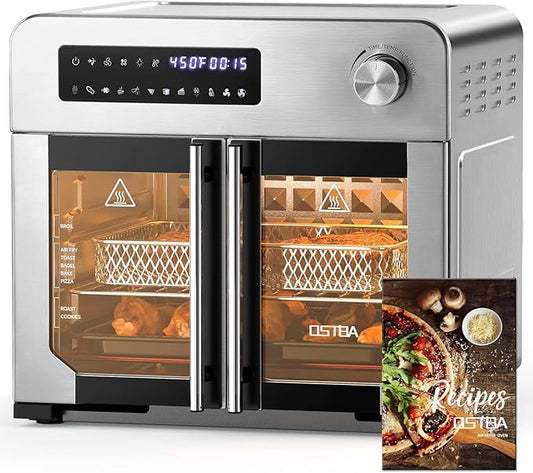 OSTBA French Door Air Fryer Toaster Oven Combo, 24 QT Extra Large Capacity 10-in-1 Airfryer Oven, 30% Faster 90% Less Oil, 102 Recipes & 7 Accessories, Stainless Steel