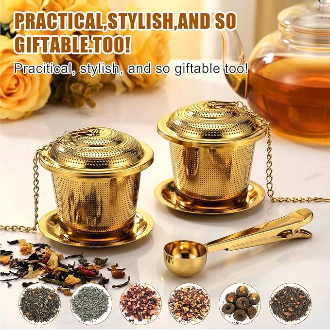Umigy 4 Pcs Tea Infuser Strainers for Loose Tea with Scoop, Extra Fine Mesh Steeper 304 Stainless Steel Diffuser Leaf Holder with Extended Chain Hook for Brew, Spices, Seasoning, Gold