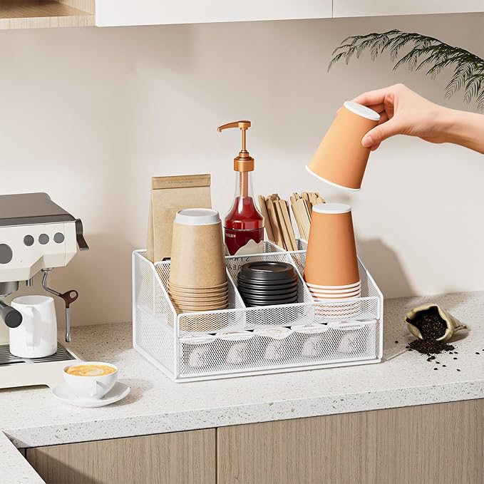 VITVITI Coffee Station Organizer for Countertop, Metal Coffee Bar Organizer Basket with Drawer, 6 Compartments Bar Station Holder for Pods Tea Bag, White
