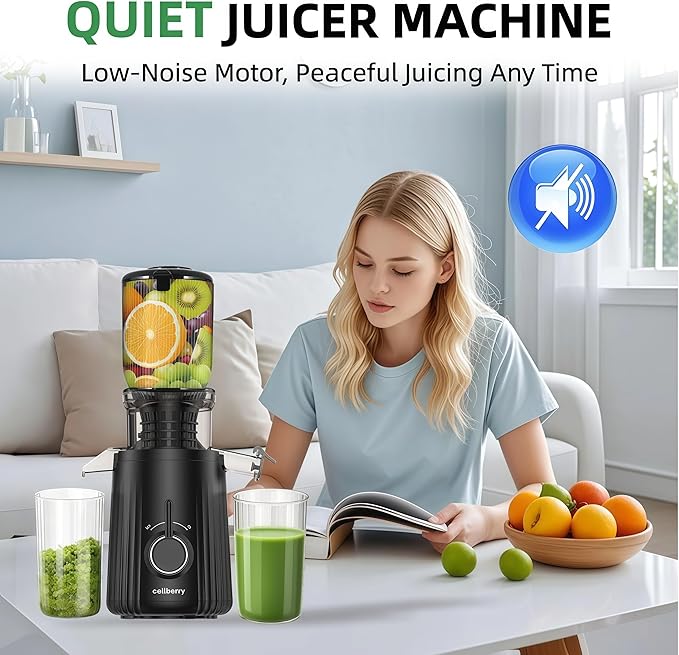 Cold Press Juicer Machines, Slow Masticating Juicer with Large Chute, Self-Feeding Juice Extractor for Whole Fruits & Vegetables, 98% Juice Yield, Quiet & Easy to Clean, Black