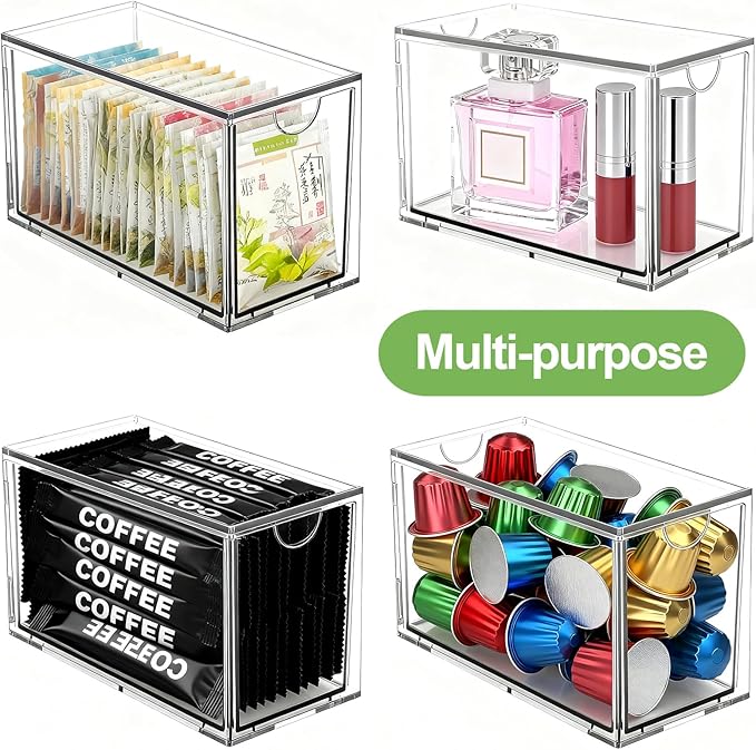 2 Pack Stackable Tea Bag Storage Organizer Drawers – Clear Acrylic Tea Bag Holder for Cabinet, Drawer, Pantry, Countertop – Kitchen Tea Storage Container