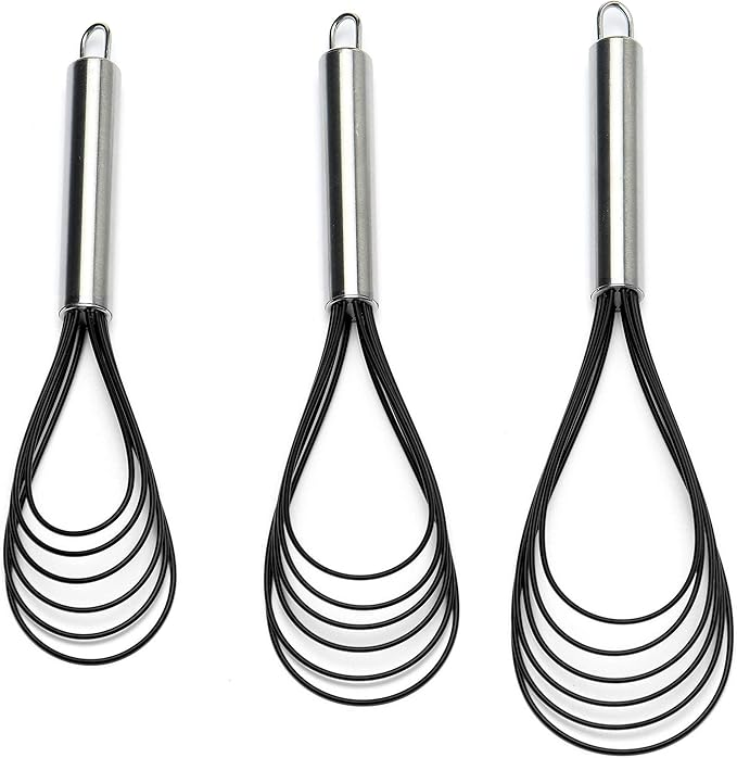 Flat Whisk Set,Stainless Steel 3 Pack 10''+11''+12'' Premium Sturdy-6 Silicone Heads Non Stick Wires Whisk for Blending Beating Stirring Kitchen Cooking by Jell-Cell (Black)