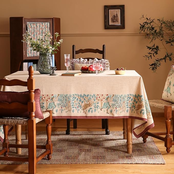 patdrea Designer French Beige Long Tablecloth for Rectangle Table,Vintage Breathable Linen Trees Pattern Table Cloth,Decor Cover for Kitchen Dining Christmas,Thanksgiving,63"x94"-Tatiana D