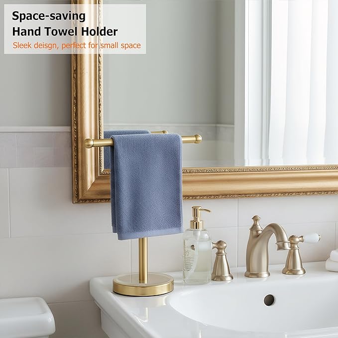 Gold Hand Towel Holder Stand with Heavy Stainless Steel Base, T-Shape Towel Rack, Free-Standing Towel Holder Countertop for Bathroom (Brushed Gold)