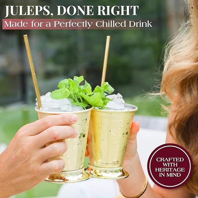 Gusto Nostro Mint Julep Cups Set of 4 - Stainless Steel Julep Cup Kit with Straws, Muddler, Spoon, Recipes, Vases - Southern-style Cocktail Glasses for Home Bar - Stainless Steel Cocktail Cups (Gold)
