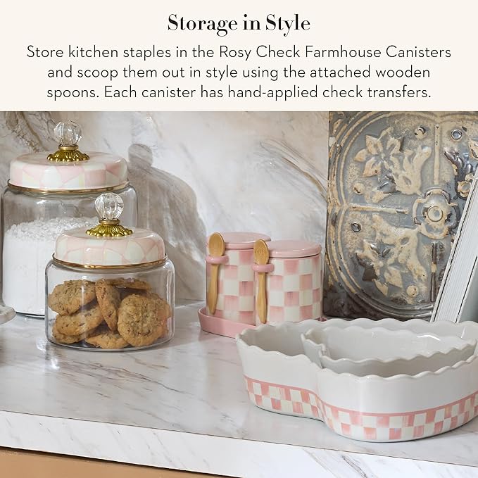 MACKENZIE-CHILDS Set of 2 Ceramic Farmhouse Canisters, Kitchen Storage Containers with Lids, Pink-and-White Rosy Check