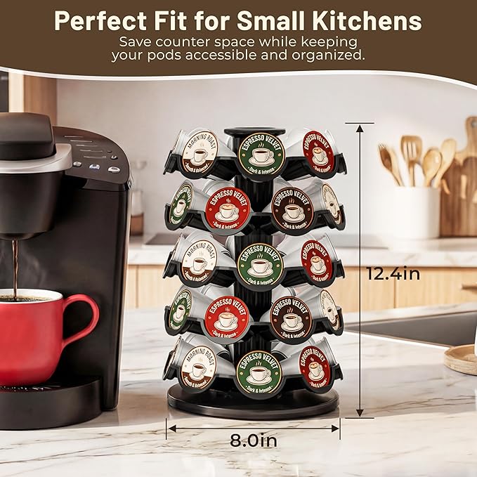 EVERIE Coffee Pod Carousel Organizer for Countertop, Holds 40 Single-Serve Coffee Pods, Smooth 360° Rotating Holder, Space-Saving Coffee Station Storage, Compact 8" x 8" x 12.4"