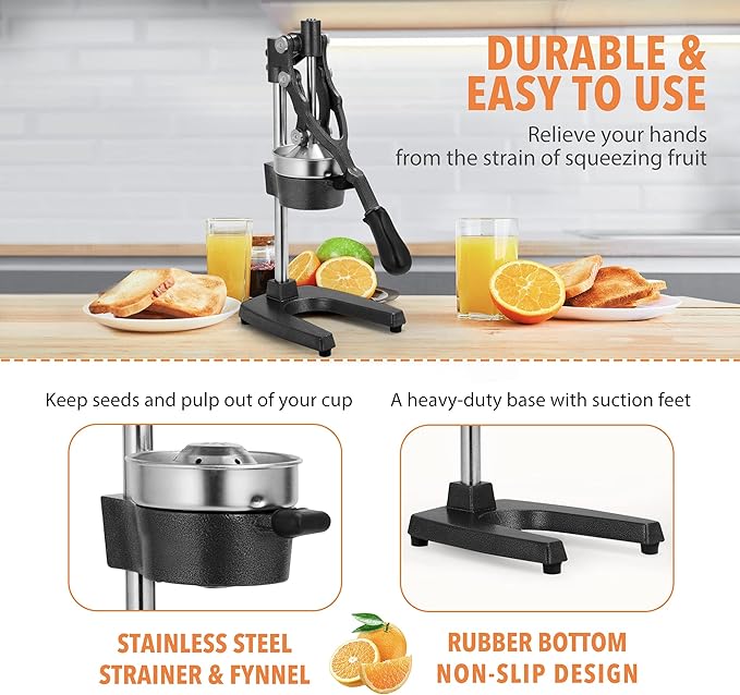 19 Inch Height Extra Tall Commercial Heavy Duty Cast Iron Hand Press Manual Orange Citrus Lemon Lime Grapefruit Pomegranate Fruit Juice Squeezer Machine with Stainless Steel Cup Black