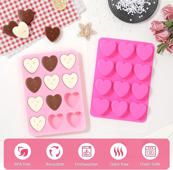 Heart-Shaped Silicone Chocolate Molds - Set of 2 Non-Stick Candy Heart Molds for Baking, Candy, Gummy, Cake, Jelly, Pudding, Handmade Soap Mould, Food Grade - Pink&Rose