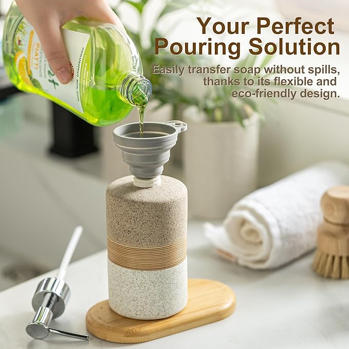 Ceramic Dish Soap Dispenser Set with Silicone Funnel, Hand Soap, Shampoo, Body Wash, Lotion Dispenser for Kitchen and Bathroom, Stainless Steel Pump, Non Slip, 12 Oz