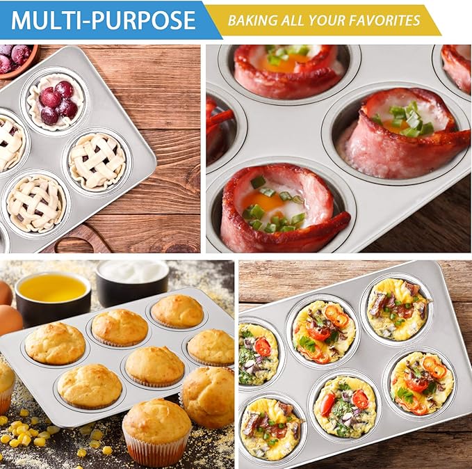 E-far Muffin Pan Set of 3, Stainless Steel Muffin Pan Tin for Baking, 6-Cup Metal Cupcake Pan Tray, Non-toxic & Healthy, Oven & Dishwasher Safe, Regular Size - 11.44 x 7.12 x 1.25 inch