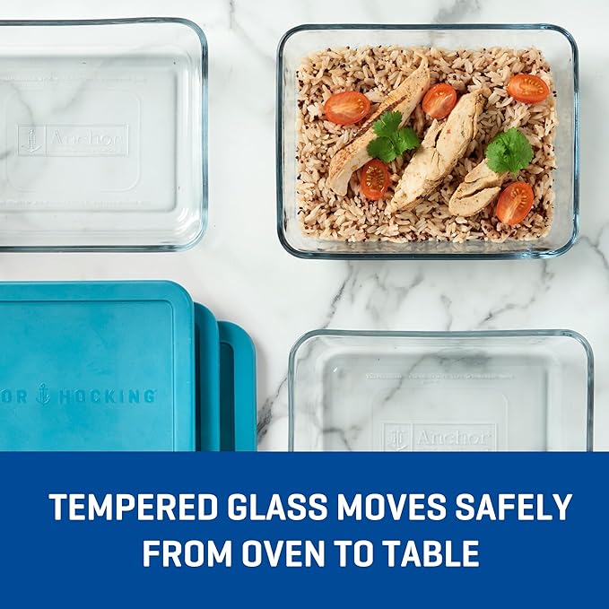 Anchor Hocking SnugFitTM Rectangular Food Storage Containers with Lids (4-Piece, 6-cup, Teal, oven-safe)