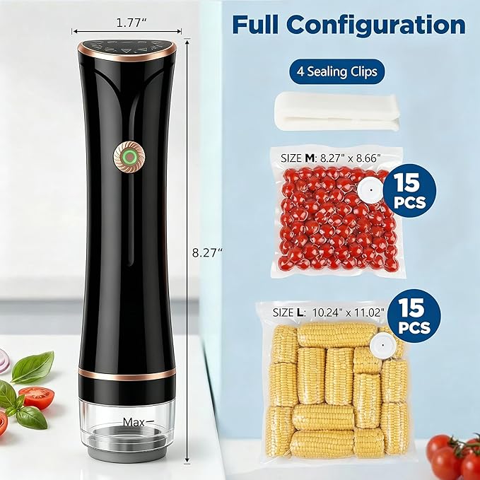 Compact Vacuum Sealer for Food with Visible Tank, Handheld Vacuum Sealer Machine, Includes 30 Reusable Bags, Seal Food 6X Fresh Longer, Wireless & Portable, Suitable for Kitchen and Travel, Black