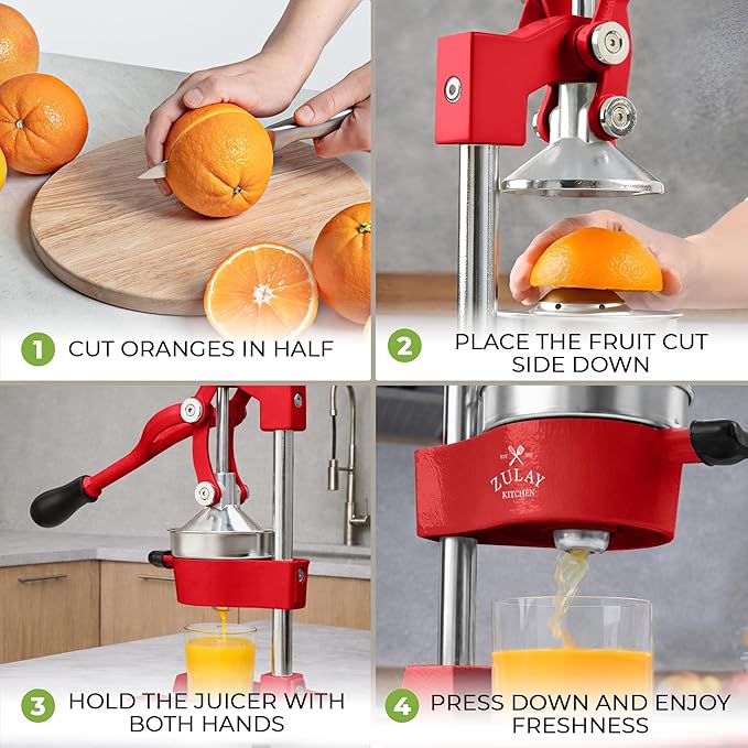 Zulay Kitchen Cast Iron Juicer - Heavy Duty Manual Juicer with Detachable Strainers for Easy Cleaning, Orange Juice Press for Citrus Fruits, Perfect for Bartenders, Juice Lovers & Health Enthusiasts
