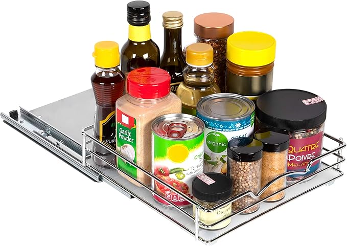 Pull-Out Cabinet Spice Rack Organizer - Slim Slide-Out Storage for Spices, Bottles & Jars, Premium Heavy-Duty Steel, Easy Install for Narrow Kitchen Cabinets - 10 ⅜ W x 10 ⅜ D x 2 ¾ H, Chrome