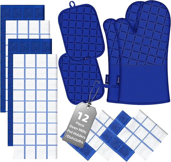 Oven Mitts Pot Holders Sets/Kitchen Towels and Dishcloths, Oven Gloves Kitchen Dish Towels 500 Degree Heat Resistant Potholders with Non-Slip Silicone Surface for Cooking, Grilling, Baking-Royal Blue