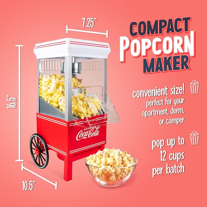 Nostalgia Vintage Coca-Cola Hot-Air Popcorn Maker Machine - Makes Up to 12 Cups - Oil-Free - Healthier Popcorn - Classic Stand-Up Cart With Wheels - Includes Kernel Measuring Cup - White & Red