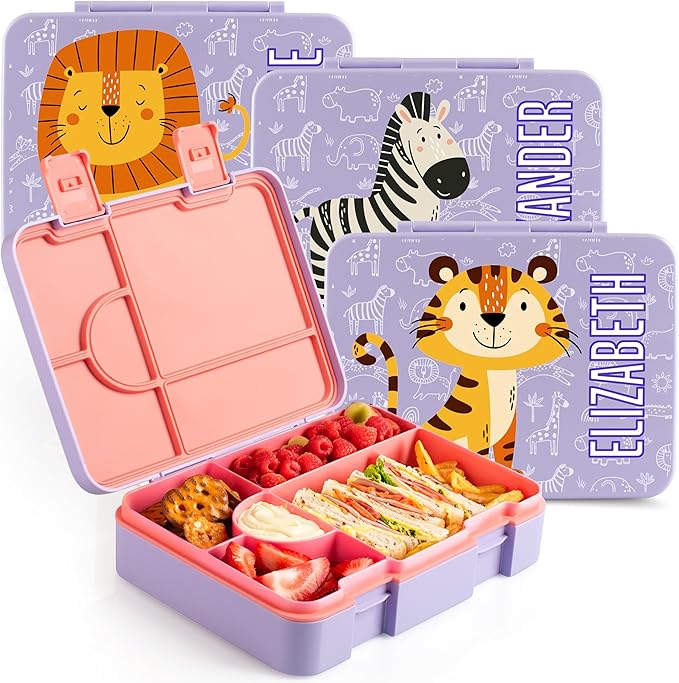 Personalized Bento Box for Kids with Safari Icon and Name - Lilac - 5 Compartments Drop-Proof Bento Box, Dishwasher Safe, Made with BPA-Free Materials, Bento Lunch Box for Kids and Toddlers