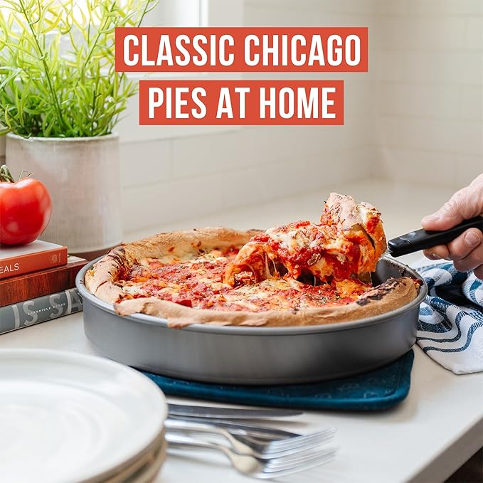 Chef Pomodoro Chicago Deep Dish Pizza Pan 12 Inch, Hard Anodized Aluminum Pizza Pan for Oven, Pre-Seasoned Bakeware Kitchenware, Non-Stick Round Pizza Pans (12-Inch)