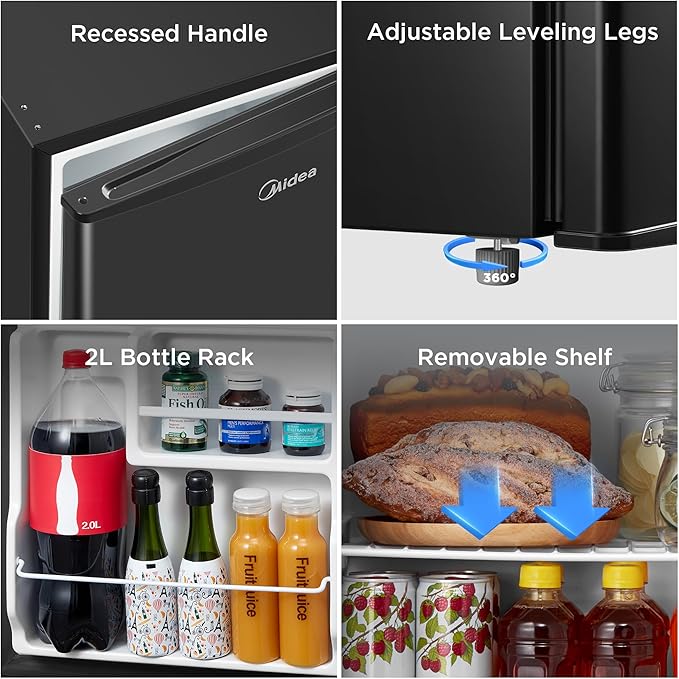 Midea MERM17B0ABB 1.7 Cu Ft Mini Fridge, Compact Refrigerator with Adjustable Thermostat, Reversible Door, Low Noise, Energy Efficient, Ideal for Dorm, Office, Bedroom, Black