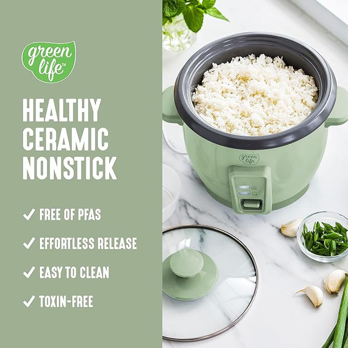 GreenLife Rice Cooker with Removable PFAS-Free Ceramic Nonstick Pot, 3-Cups Uncooked/6-Cups Cooked, Grains & Oatmeal Multicooker, Compact One-Switch Design, Auto Keep Warm, Easy Clean, Sage Green