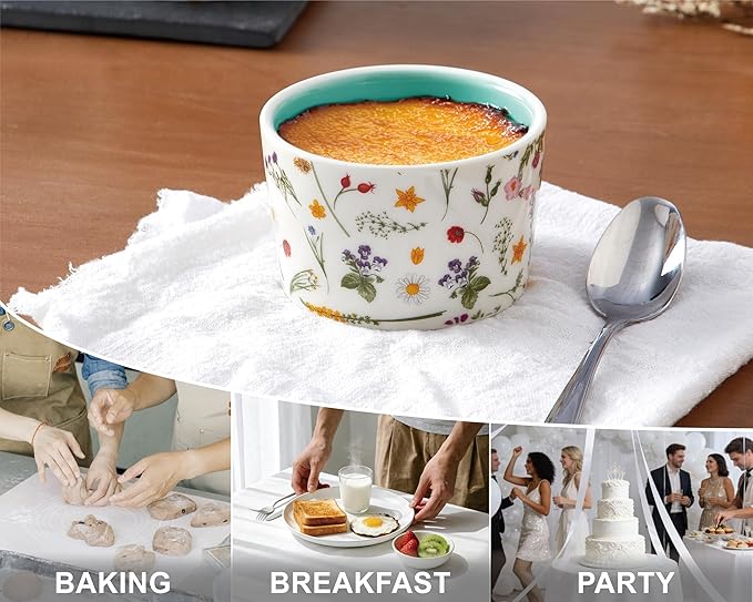 ONEMORE 6 oz Ramekins Oven Safe, Floral Ceramic Ramekin Set of 6 Mint Green Ramekins for Baking & Serving, Creme Brulee Dishes, Custard Pudding Souffle Cups, Small Dessert Bowls for Oven, Air Fryer