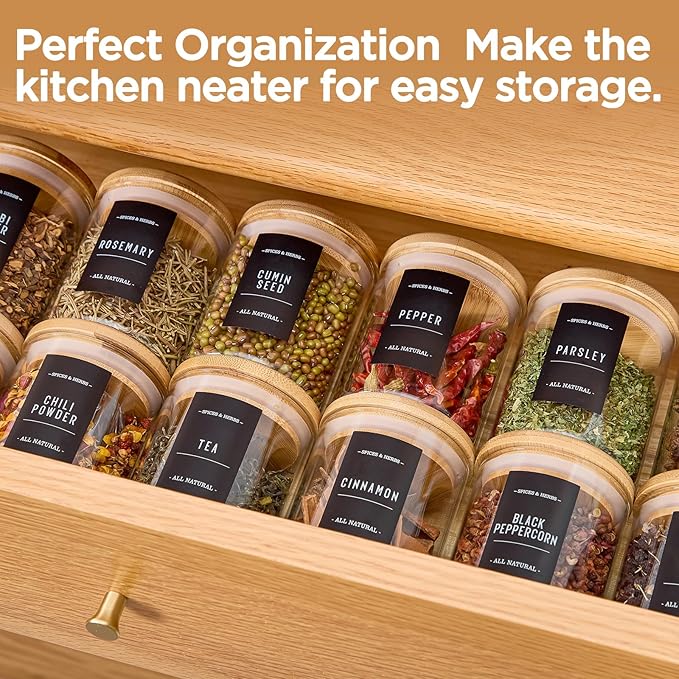 8oz Spice Jars with Bamboo Airtight Lids and Labels, 12 pcs Small Glass Containers with Bamboo Lids, Kitchen Organizer for Seasoning, Spice Containers for Spices, Tea, Salt, and Candy