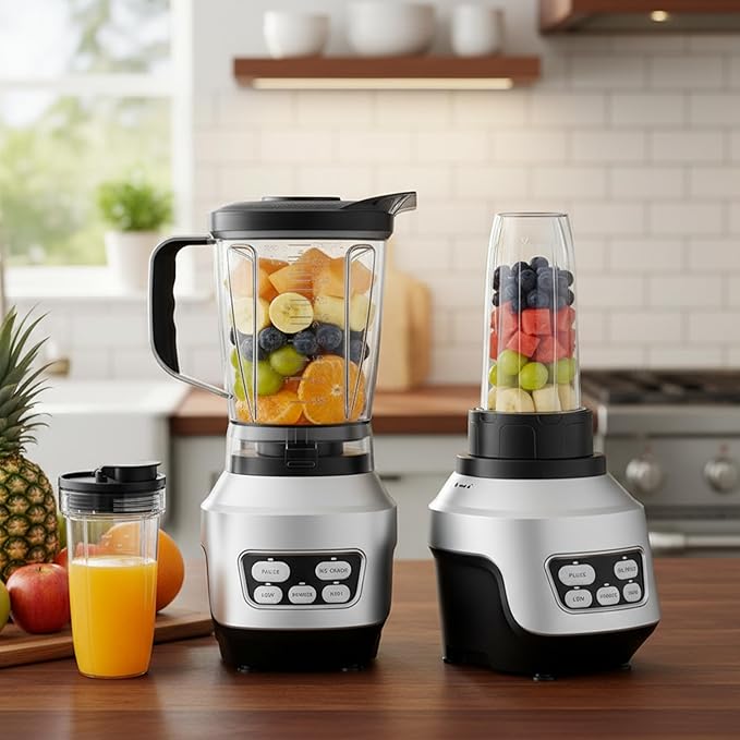 Simple Deluxe Smoothie Blender, 1200W Powerful Countertop Blenders for Kitchen, 60 oz Capacity Blender for Smoothies with BPA-Free Portable Cups, Ice Crushing, Juices, Shakes and Sauces, Silver