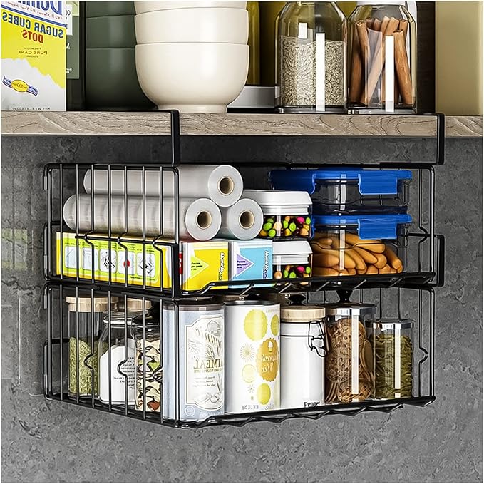 Under Shelf Basket Storage 2Pack - 11.8in Metal Under Cabinet Shelf, Hanging Wire Basket Shelves, Undershelf Storage Basket for Kitchen Pantry Bookshelf