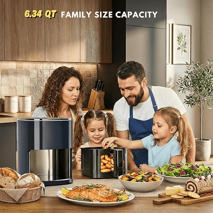 Airfryer 12-in-1,Large Air Fryer 6QT, Square Airfryers Non Toxic, Cooking, Fries, Custard, Chicken Wings, Sea Food, Vegetabels, Nonstick & Easy-Clean Basket, Grey