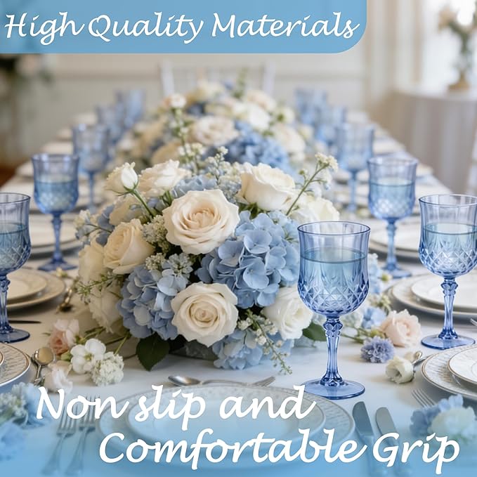 Plastic Wine Glasses, Plastic Goblets Vintage Style Cordial Unbreakable Drinking Glasses,Reusable Drinkware for Wedding Reception, Grand Event Party Supplies(12, Blue)