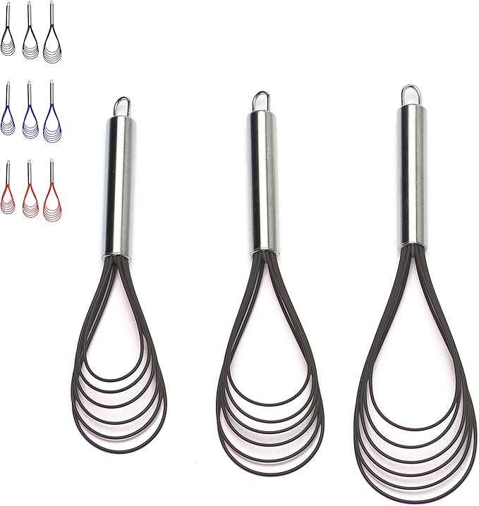 Flat Whisks Stainless Steel,3 Pack 10''+11''+12'' Set Premium Sturdy-6 Silicone Heads Non Stick Wires Whisk for Blending Beating Stirring Kitchen Cooking Color Grey by Jell-Cell